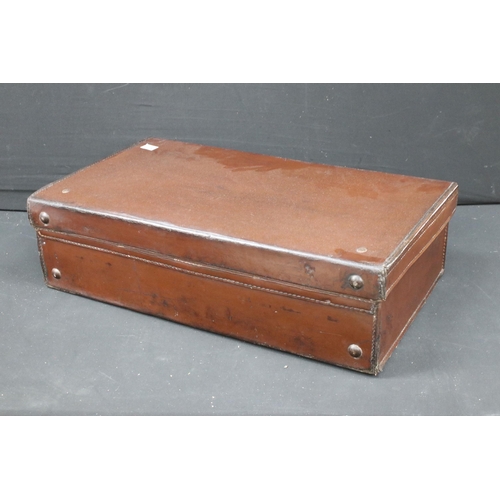 446 - Vintage leather suitcase, H 17.5cm W 61cm, D 35.5cm