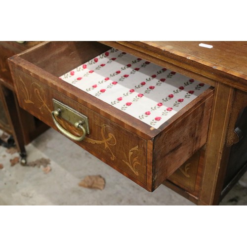 641 - Edwardian mahogany parquetry inlaid dressing table, with swivel mirrored back, the mirror with bevel... 