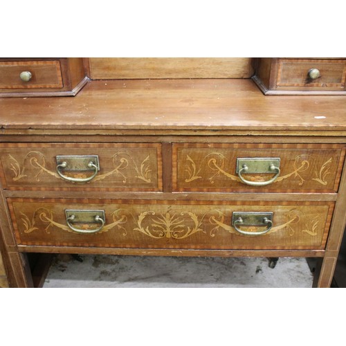 641 - Edwardian mahogany parquetry inlaid dressing table, with swivel mirrored back, the mirror with bevel... 