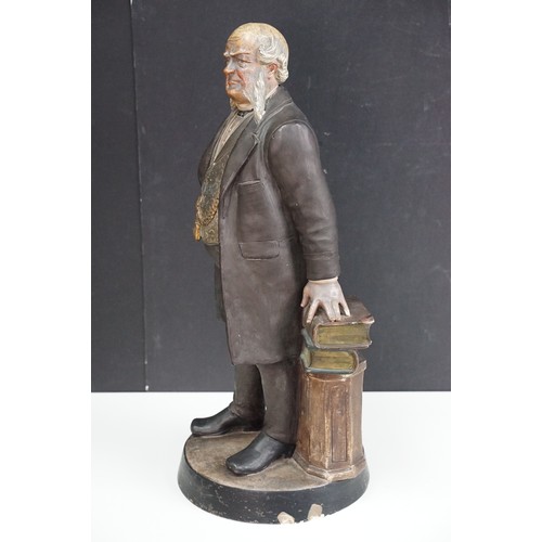 108 - Large statue figurine of a gentleman with pocket watch leaning on column with books, marked DEP BB 4... 