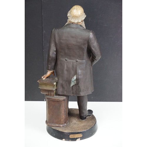 108 - Large statue figurine of a gentleman with pocket watch leaning on column with books, marked DEP BB 4... 