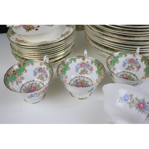 82 - Shelley green and floral tea set comprising of sugar bowl, milk jug, six tea cups and saucers, cake ... 