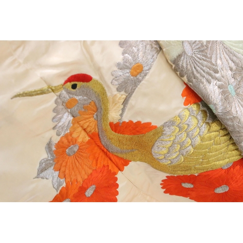 355 - 20th century red lined silk kimono with all over crane bird, floral metallic thread embroidery and p... 