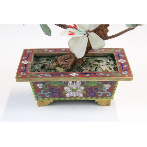 103 - Mid 20th century Chinese hard natural stone flower bonsai tree in enamel cloisonne planter, H 20cm