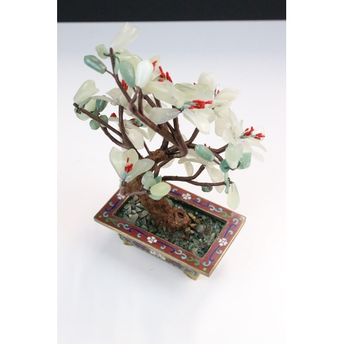 103 - Mid 20th century Chinese hard natural stone flower bonsai tree in enamel cloisonne planter, H 20cm