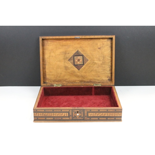 112 - Marquetry lined box with MOP inlay detail, H 6.5cm W 29cm, D 19.5cm