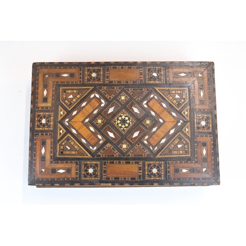 112 - Marquetry lined box with MOP inlay detail, H 6.5cm W 29cm, D 19.5cm