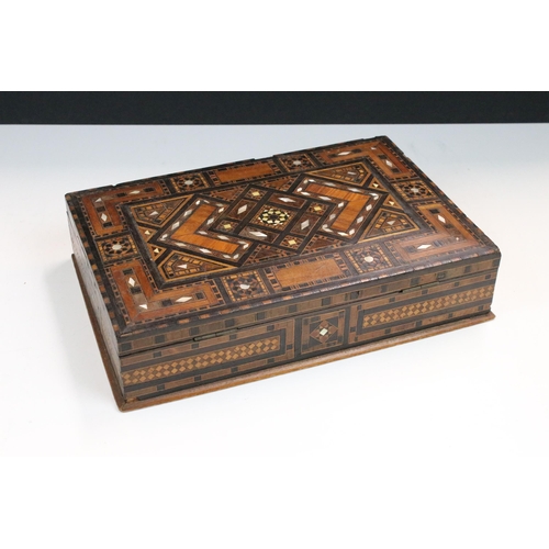 112 - Marquetry lined box with MOP inlay detail, H 6.5cm W 29cm, D 19.5cm