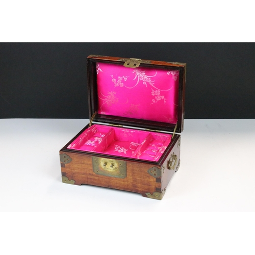 114 - Oriental wood and Jade jewellery box with floral detail hardware,  H 10.5cm, W 21cm, D 15cm