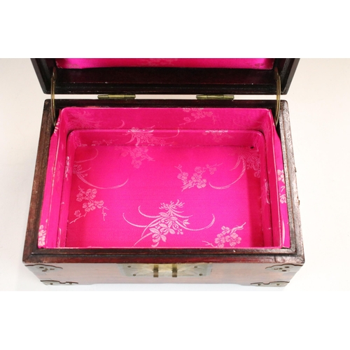 114 - Oriental wood and Jade jewellery box with floral detail hardware,  H 10.5cm, W 21cm, D 15cm