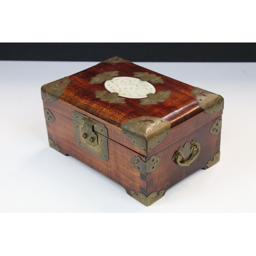 114 - Oriental wood and Jade jewellery box with floral detail hardware,  H 10.5cm, W 21cm, D 15cm