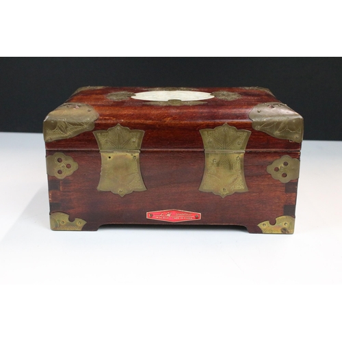 114 - Oriental wood and Jade jewellery box with floral detail hardware,  H 10.5cm, W 21cm, D 15cm