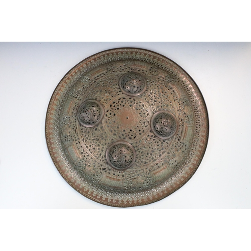 119 - Persian fine detailed copper arm shield, diameter 42cm