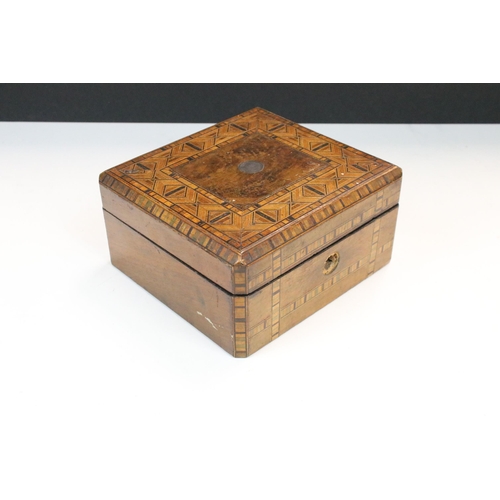 124 - Small marquetry jewellery box with interior lining, H 9cm, W 17cm, D 16cm