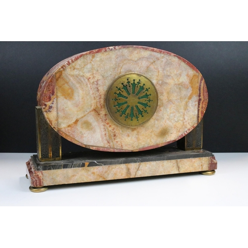 93 - Edwardian marble oval clock with a pair of matching garnitures