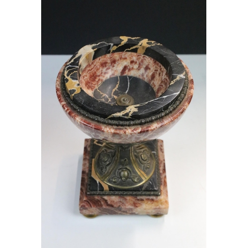 93 - Edwardian marble oval clock with a pair of matching garnitures