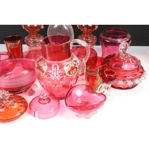 76 - Selection of Victorian cranberry hand decorated glass pieces (1 box)