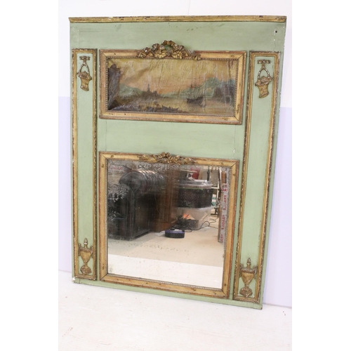 616 - 19th Century mirror wall panel having a painted green ground with moulded gilt borders, painted mari... 