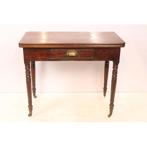 610 - 19th Century mahogany side table having a folding top with single drawer raised on turned legs with ... 