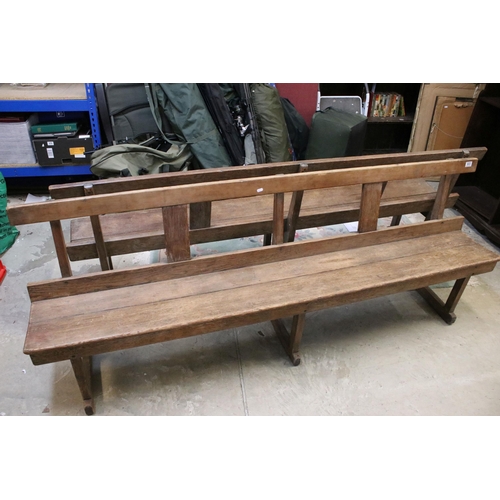 603 - Late 19th / early 20th Century oak station bench having a planked seat with pierced supports. Measur... 