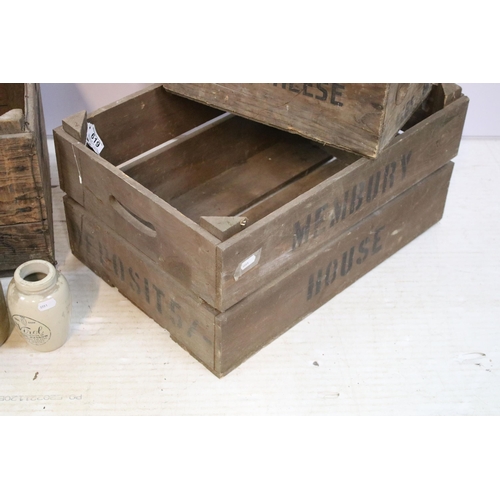 619 - Group of four vintage advertising crates including Danish Blue Cheese. Largest measures 55cm wide.