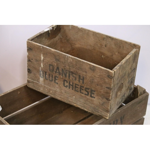 619 - Group of four vintage advertising crates including Danish Blue Cheese. Largest measures 55cm wide.