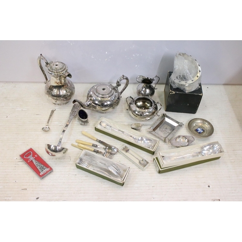 348 - Assortment of silver plated items to include Dansk designs spiral candle stick, teapot, coffee pot, ... 