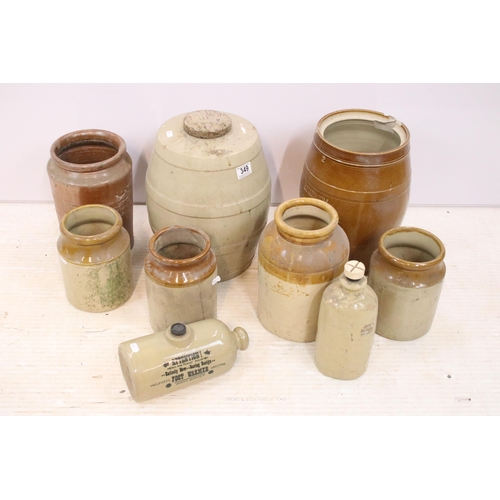 349 - Vintage stoneware barrels and jars to include Charles Tovey and Co, Bristol and Philpott's foot warm... 