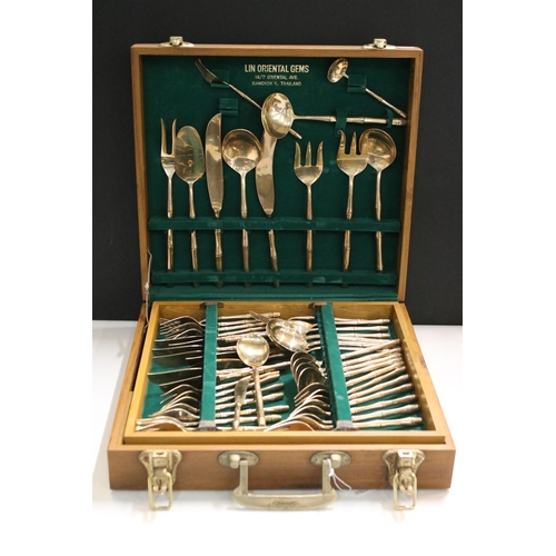 350 - Lin Oriental Gems, Thailand cutlery with wooden canteen, modelled with bamboo handles