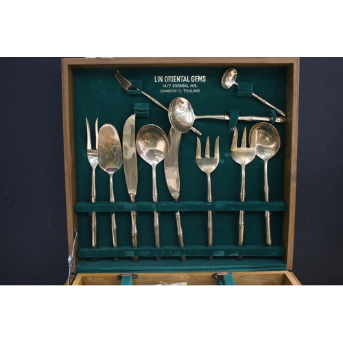 350 - Lin Oriental Gems, Thailand cutlery with wooden canteen, modelled with bamboo handles