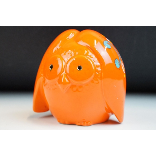 19 - In the manner of Baldelli, mid century Italian orange glazed ceramic moneybox in the form of an owl,... 