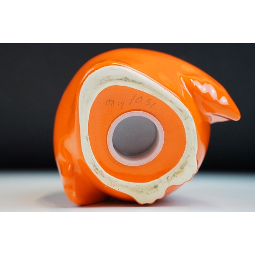 19 - In the manner of Baldelli, mid century Italian orange glazed ceramic moneybox in the form of an owl,... 