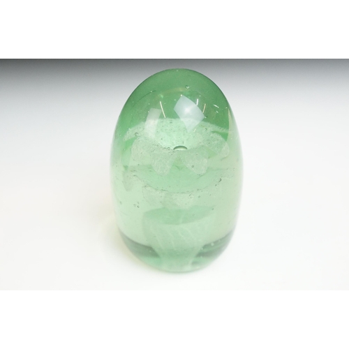 22 - Three hand blown green glass flower dump paperweights