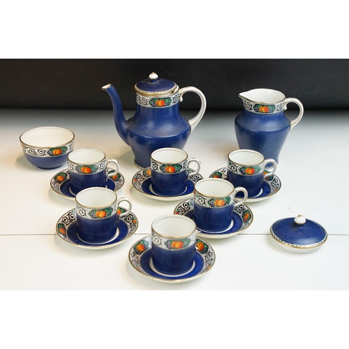 28 - Maling, Newcastle on Tyne coffee set, blue with fruit border, to include six cups and saucers, coffe... 