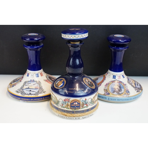 46 - Set of three Pusser's Navy Rum ceramic ship decanters to include a Trafalgar Bicentenary 1805-2005 e... 