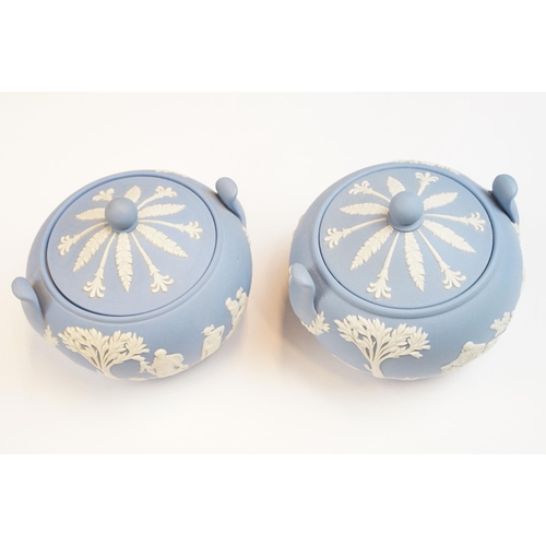 48 - Selection of Wedgwood blue Jasperware lidded pots, miniature plate, Bone China pot H2376, embossed Q... 