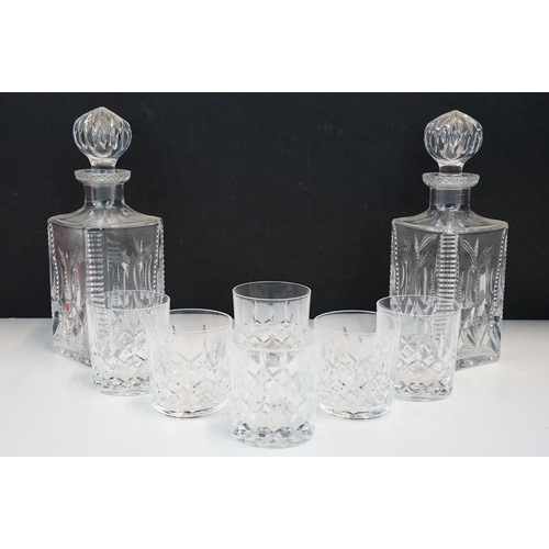 52 - Pair of square cut glass decanters with stoppers and six tumbler glasses, unmarked