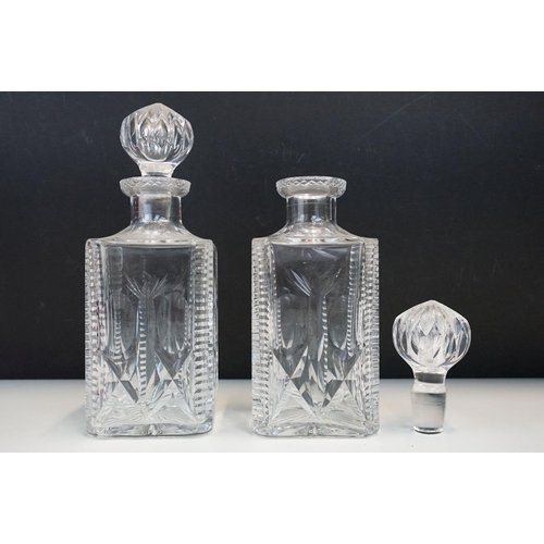 52 - Pair of square cut glass decanters with stoppers and six tumbler glasses, unmarked