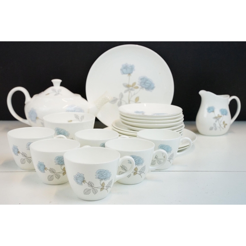 58 - Wedgwood 'Ice Rose' Bone China tea set with tea pot, milk jug, sugar bowl, six cups, five saucers, f... 