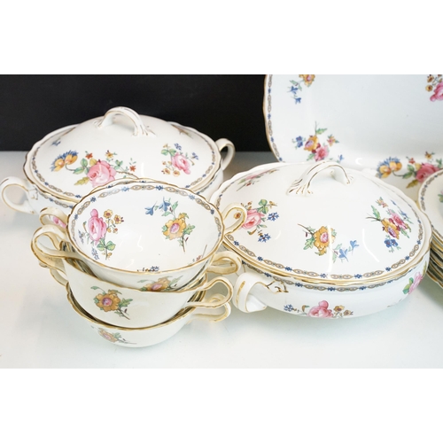 62 - Aynsley floral pattern dinner service set to include three saucers, six soup cups and saucers, sauce... 