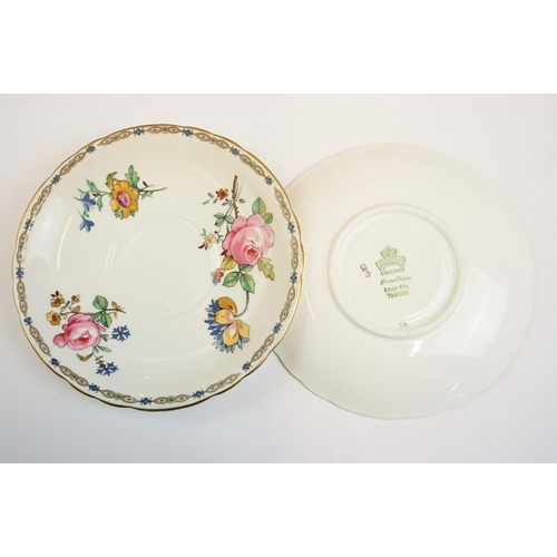 62 - Aynsley floral pattern dinner service set to include three saucers, six soup cups and saucers, sauce... 