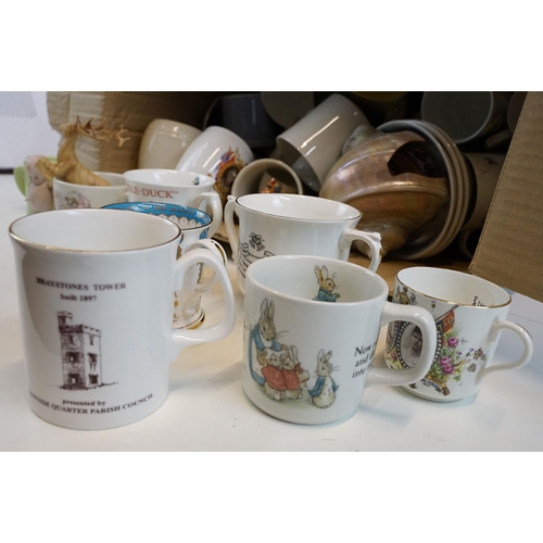 70 - Large collection of commemorative Royal and Beatrix Potter mugs and items to include Royal Worcester... 