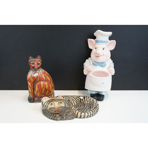 311 - Large ceramic salt pig wall hanging together with two wooden carved and hand painted cats