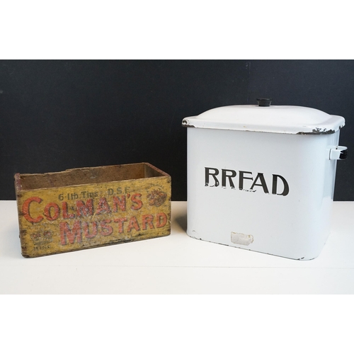 321 - Vintage white enamel bread bin H28 together with Colman's Mustard vintage wooden advertising crate