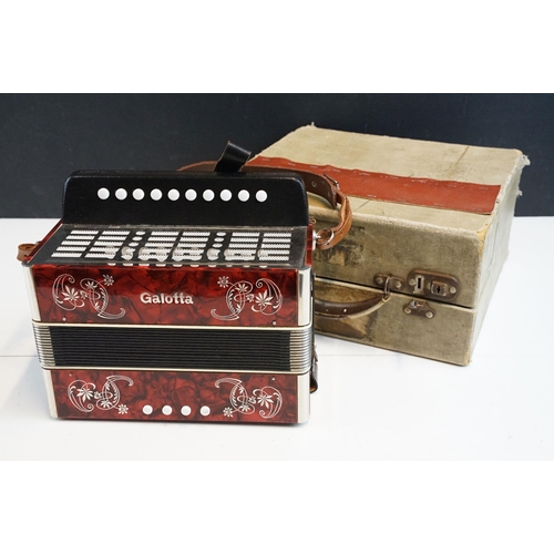 327 - Galotta one row melodeon in red pearloid with strap, in box