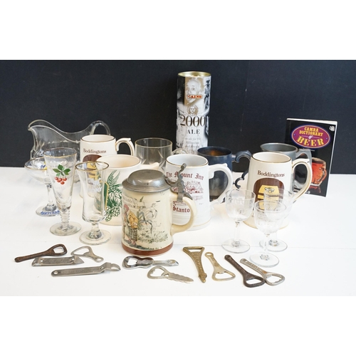 331 - Assortment of ceramic tankards to include Boddingtons, Smiles Ale examples together with pewter tank... 