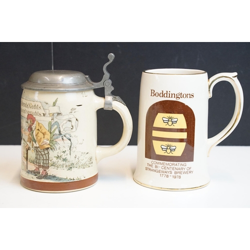 331 - Assortment of ceramic tankards to include Boddingtons, Smiles Ale examples together with pewter tank... 