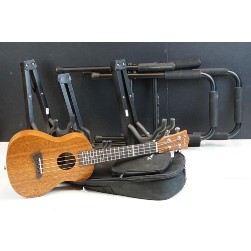 337 - Kmise mahogany Ukulele, Model number MI0596, 62cm together with Thomann stands