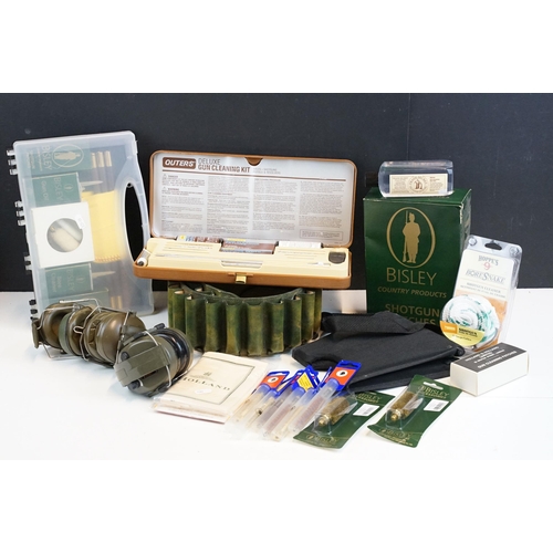 339 - Shooting accessories to include ear defenders, shotgun patches, gun cleaning kit, cartridge belts, c... 