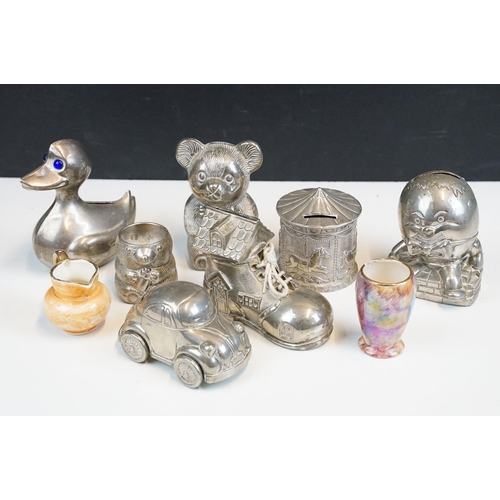 340 - Collection of silver metal money boxes together with hand painted Gray's Pottery mini jug and Old co... 